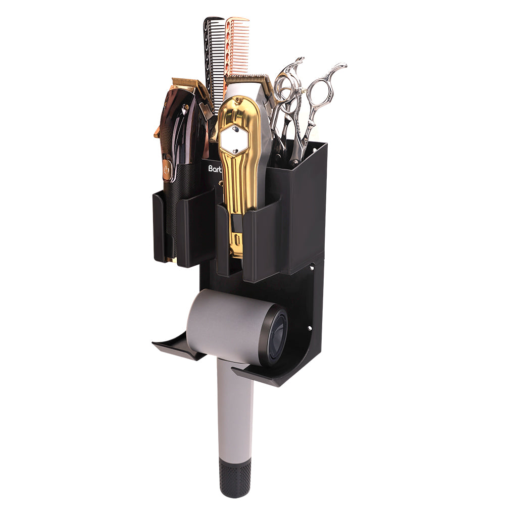 BarberTop wall mount hair dryer holder and organizer full with equipment