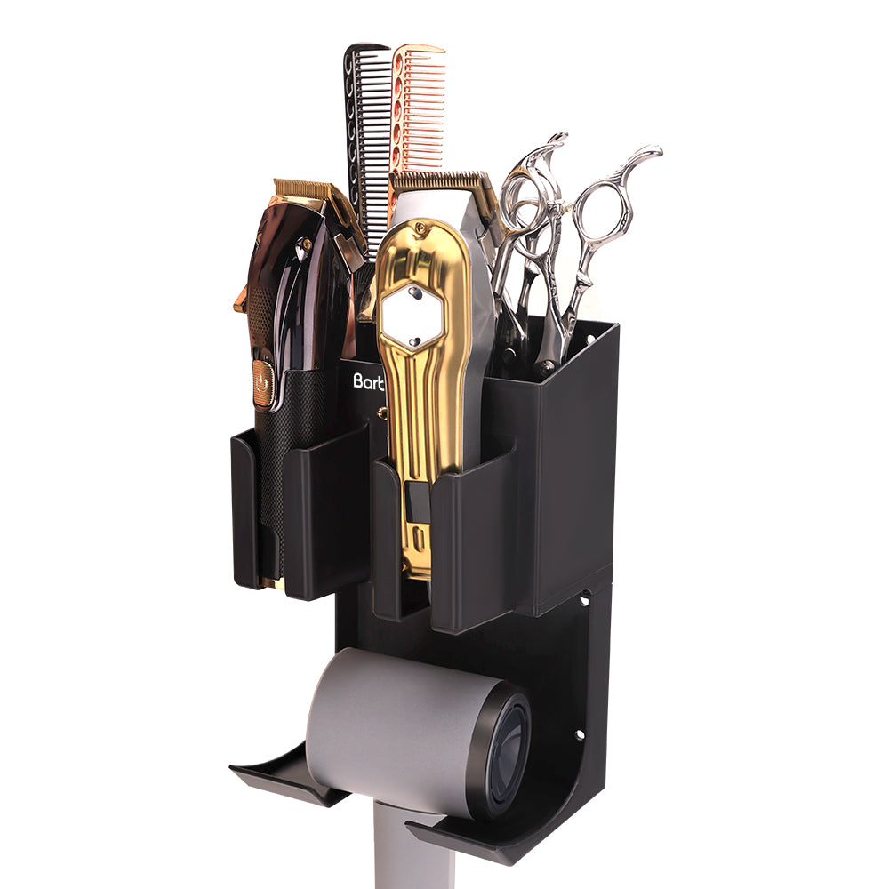 BarberTop wall mount hair dryer holder and organizer full with equipment closeup