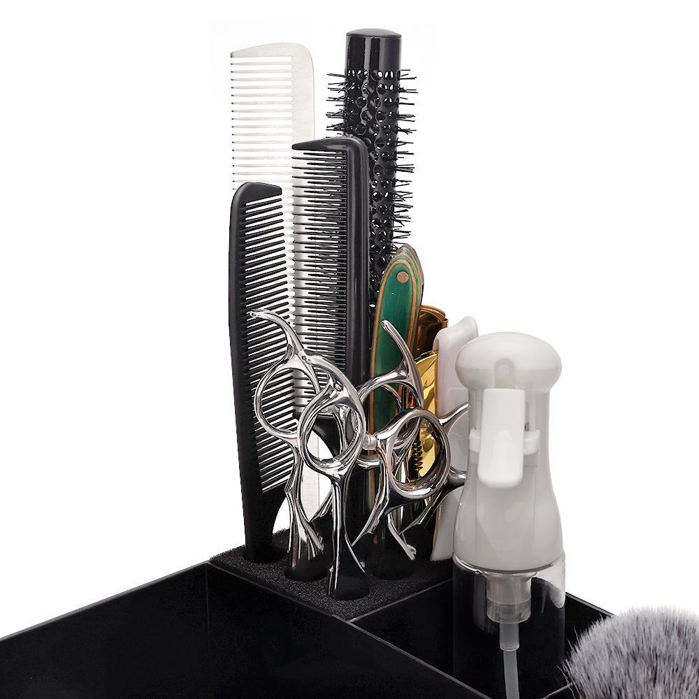 barber tool tray foam block with equipment closeup