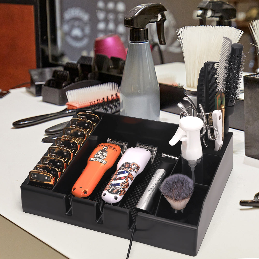 barber tool tray on desk