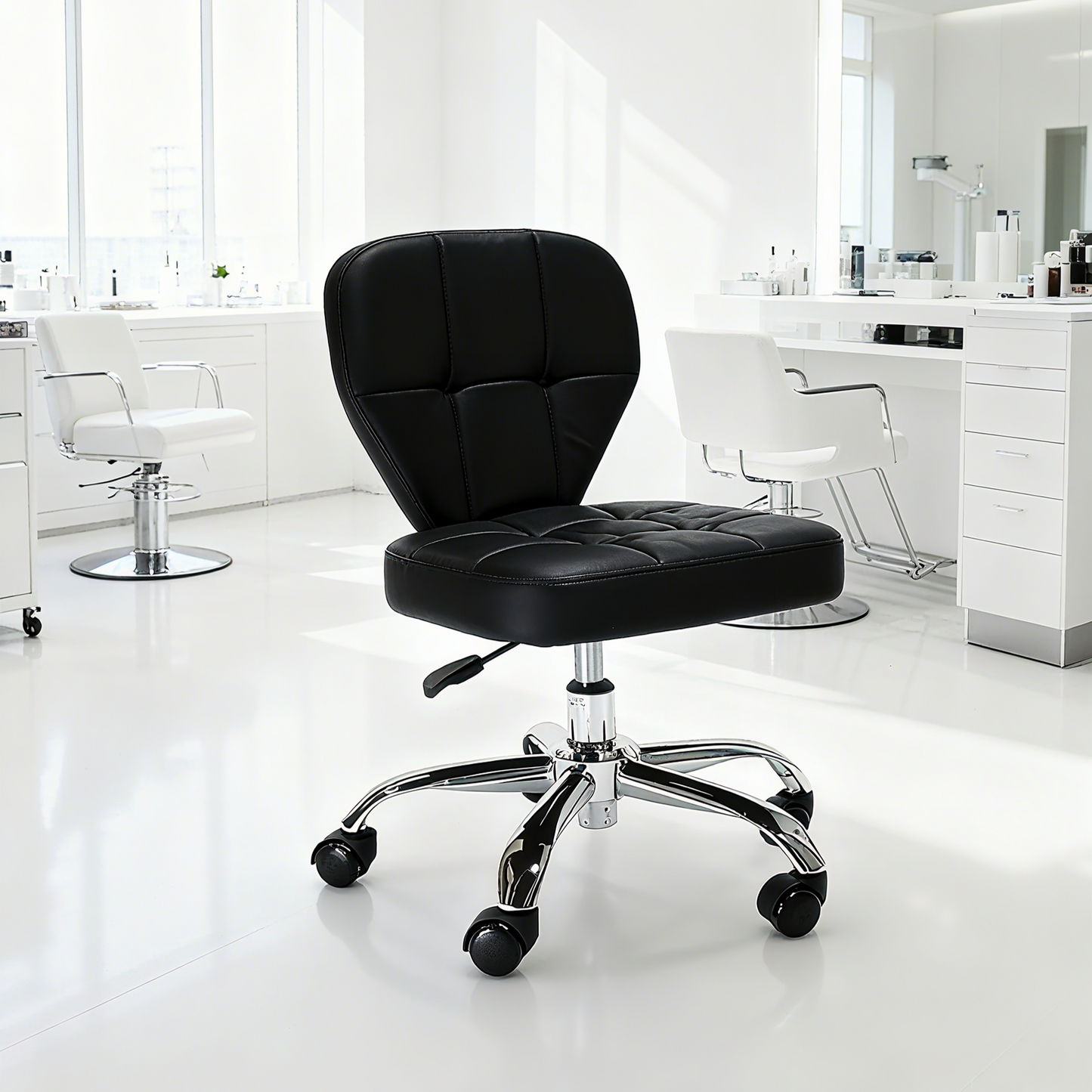 BeautéSync® Ergonomic Salon Stool with PU Leather Seat, 500 mm Steel Base & Smooth Casters, Black