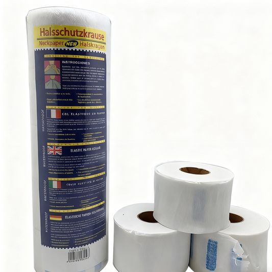 BeautéSync® Barber Neck Paper disposable neck ruffles front view, 5 rolls per pack, 100 sheets per roll, 434g pack weight, 6.5cm width, 10.5cm diameter