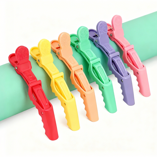 BeautéSync® 6pcs Colorful Crocodile Hair Clips front view, salon-grade hairdressing and makeup styling tools for braiding, sectioning, and blow drying