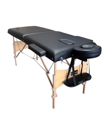 BeautéSync® Portable Wooden Massage Table – 73"x28", Black PVC Leather, with Armrests, Headrest, Sling, Pillow & Carry Bag