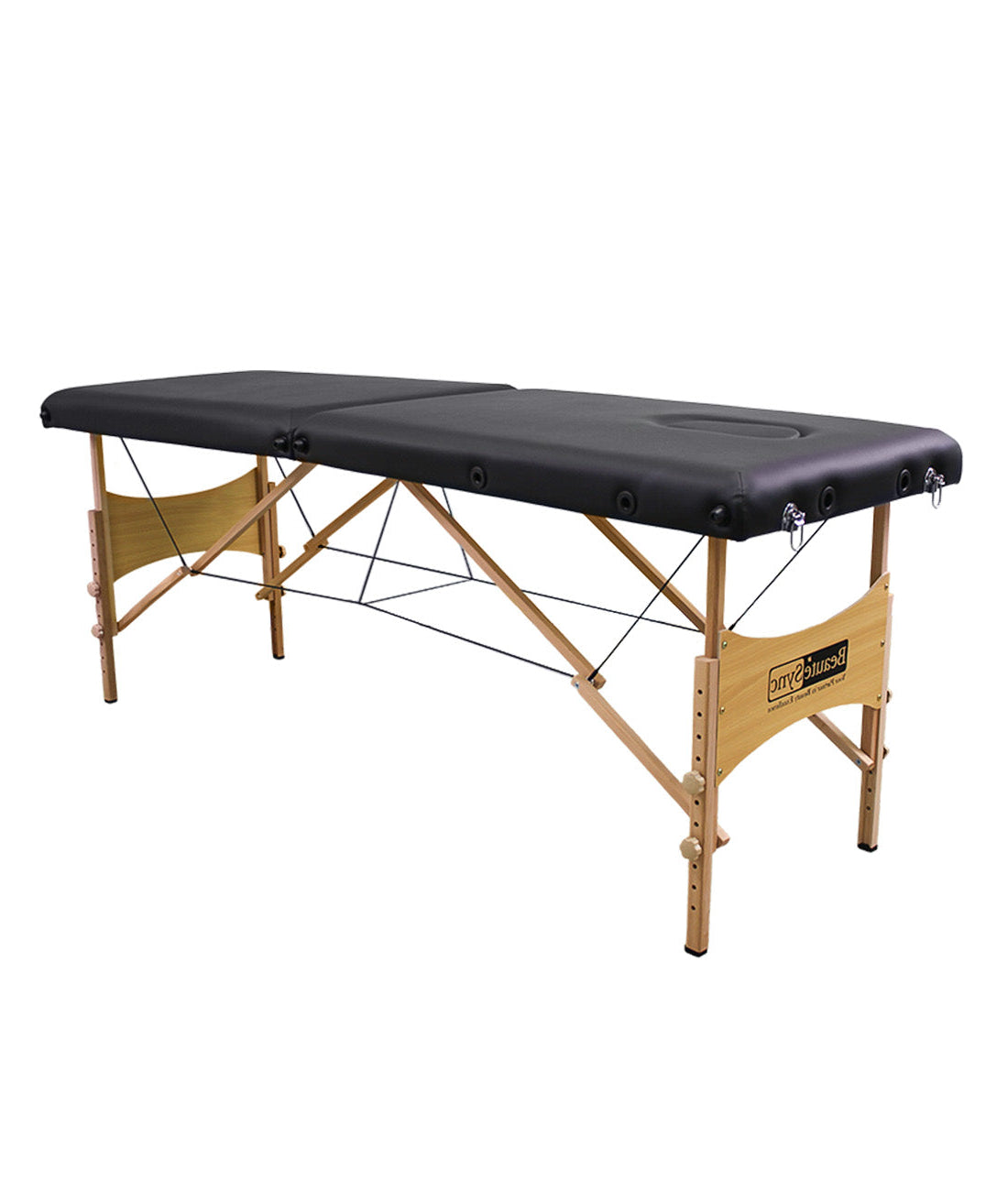 BeautéSync Two-Fold Portable Wooden Massage Table, 73"x24",, Black PVC Leather, Table Only (No Accessories Included)