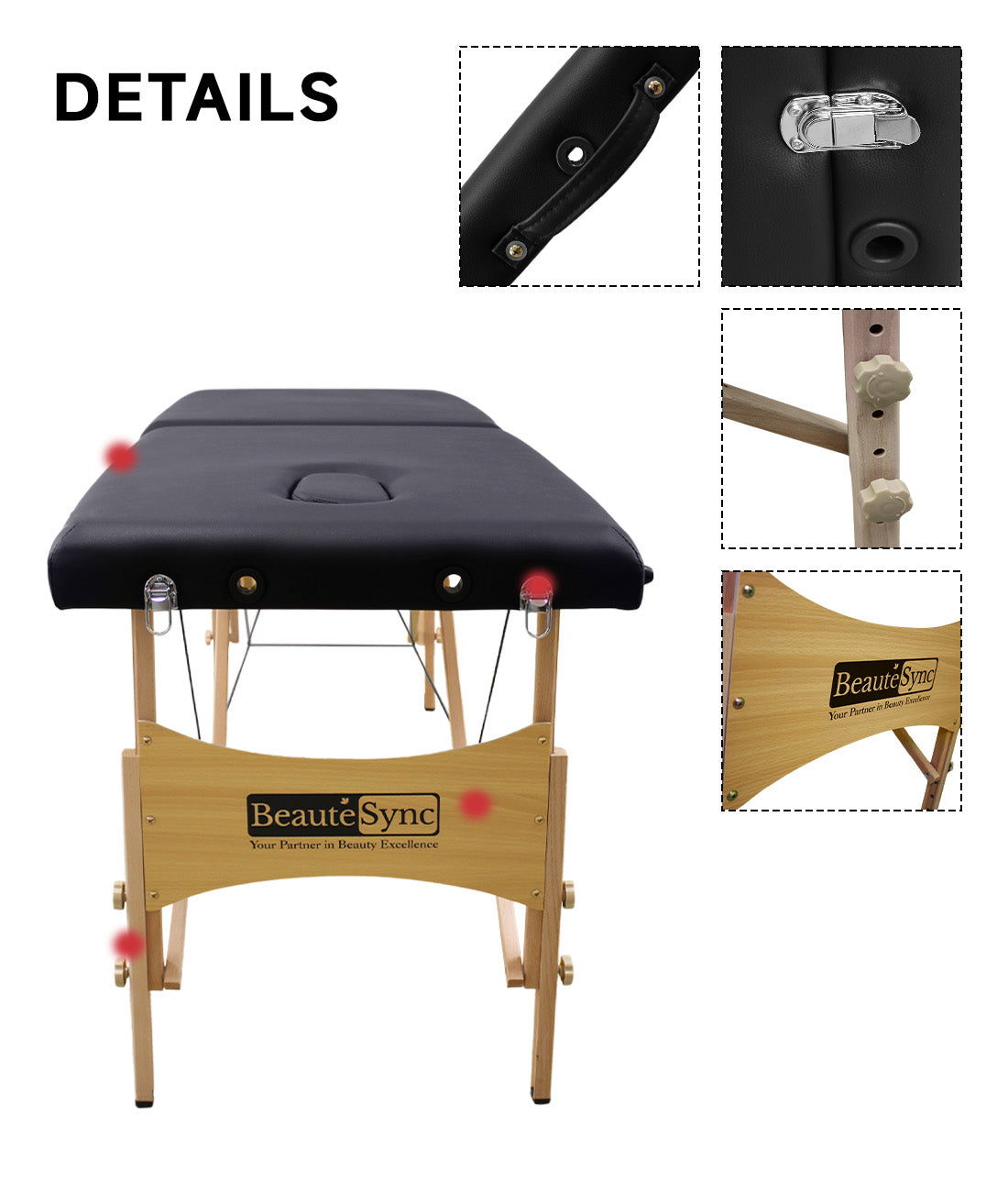 BeautéSync Two-Fold Portable Wooden Massage Table, 73"x24",, Black PVC Leather, Table Only (No Accessories Included)