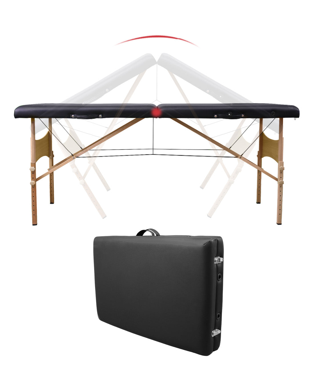 BeautéSync Two-Fold Portable Wooden Massage Table, 73"x24",, Black PVC Leather, Table Only (No Accessories Included)