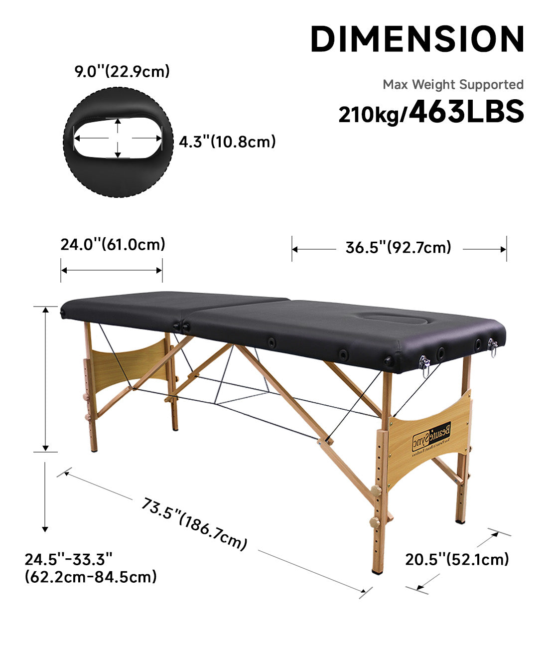 BeautéSync Two-Fold Portable Wooden Massage Table, 73"x24",, Black PVC Leather, Table Only (No Accessories Included)