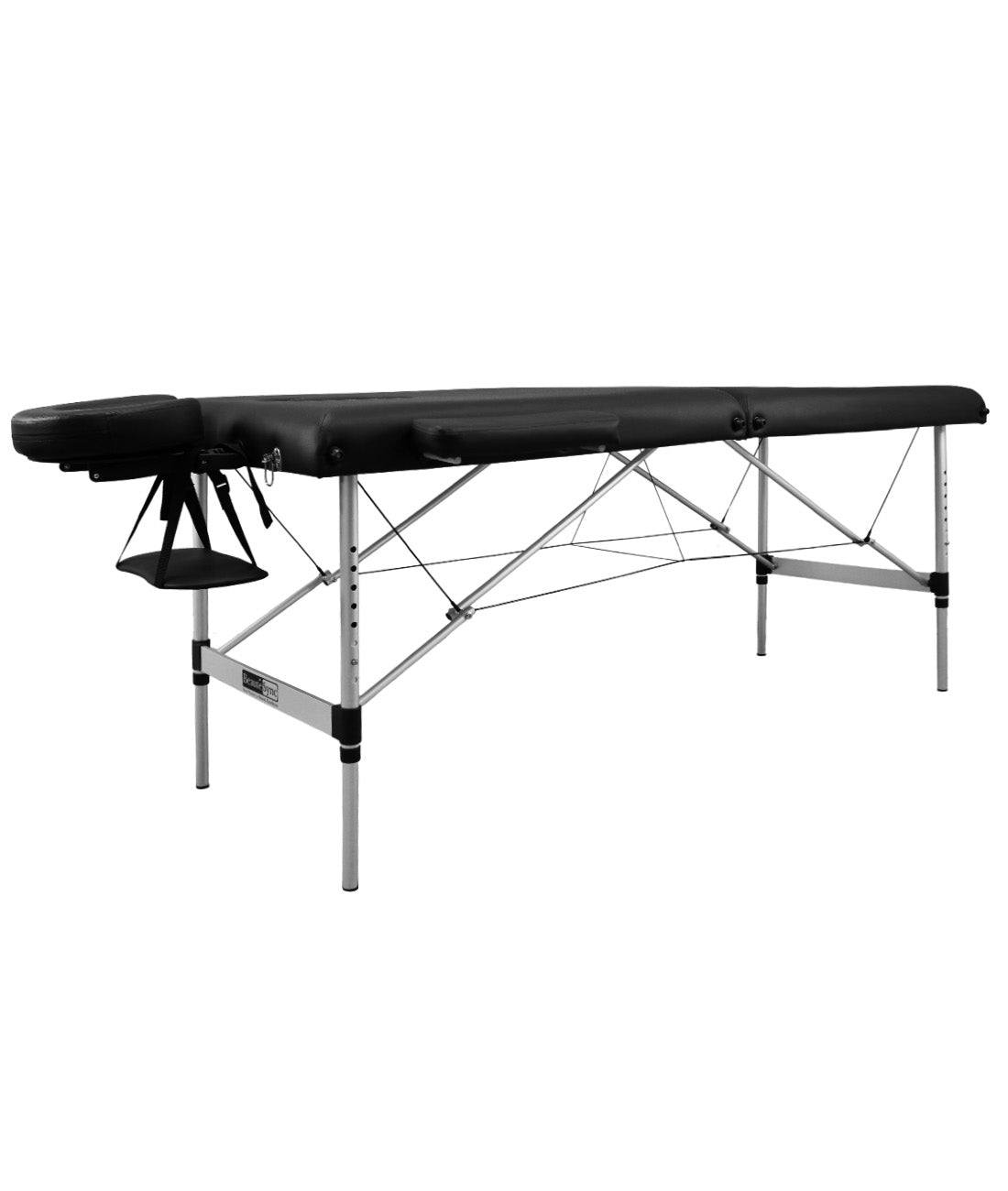 BeautéSync® 2-Fold Portable Aluminum Massage Table – 73"x28", Black PVC Leather, with Armrests, Headrest, Sling, Pillow & Carry Bag