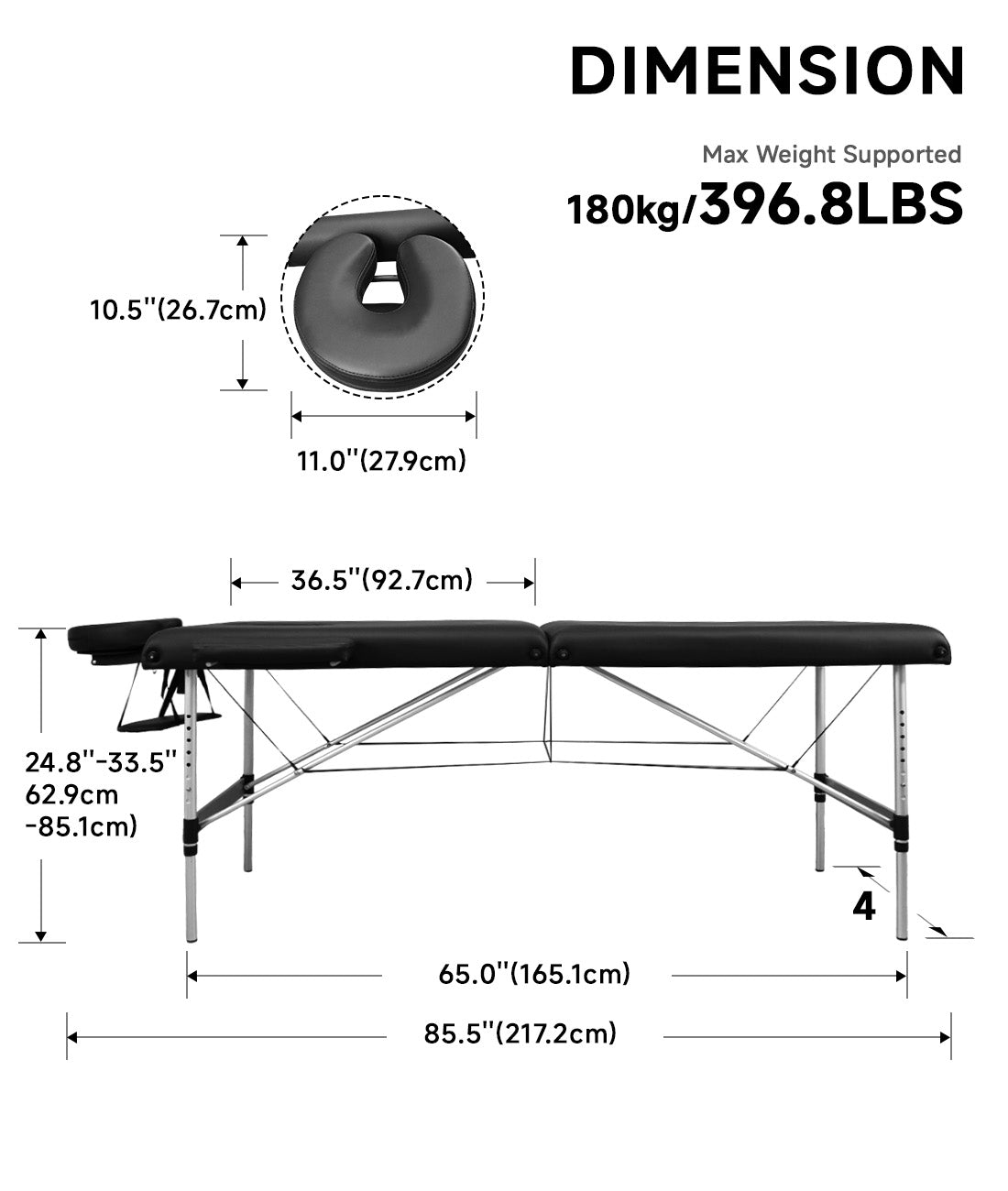 BeautéSync® 2-Fold Portable Aluminum Massage Table – 73"x28", Black PVC Leather, with Armrests, Headrest, Sling, Pillow & Carry Bag