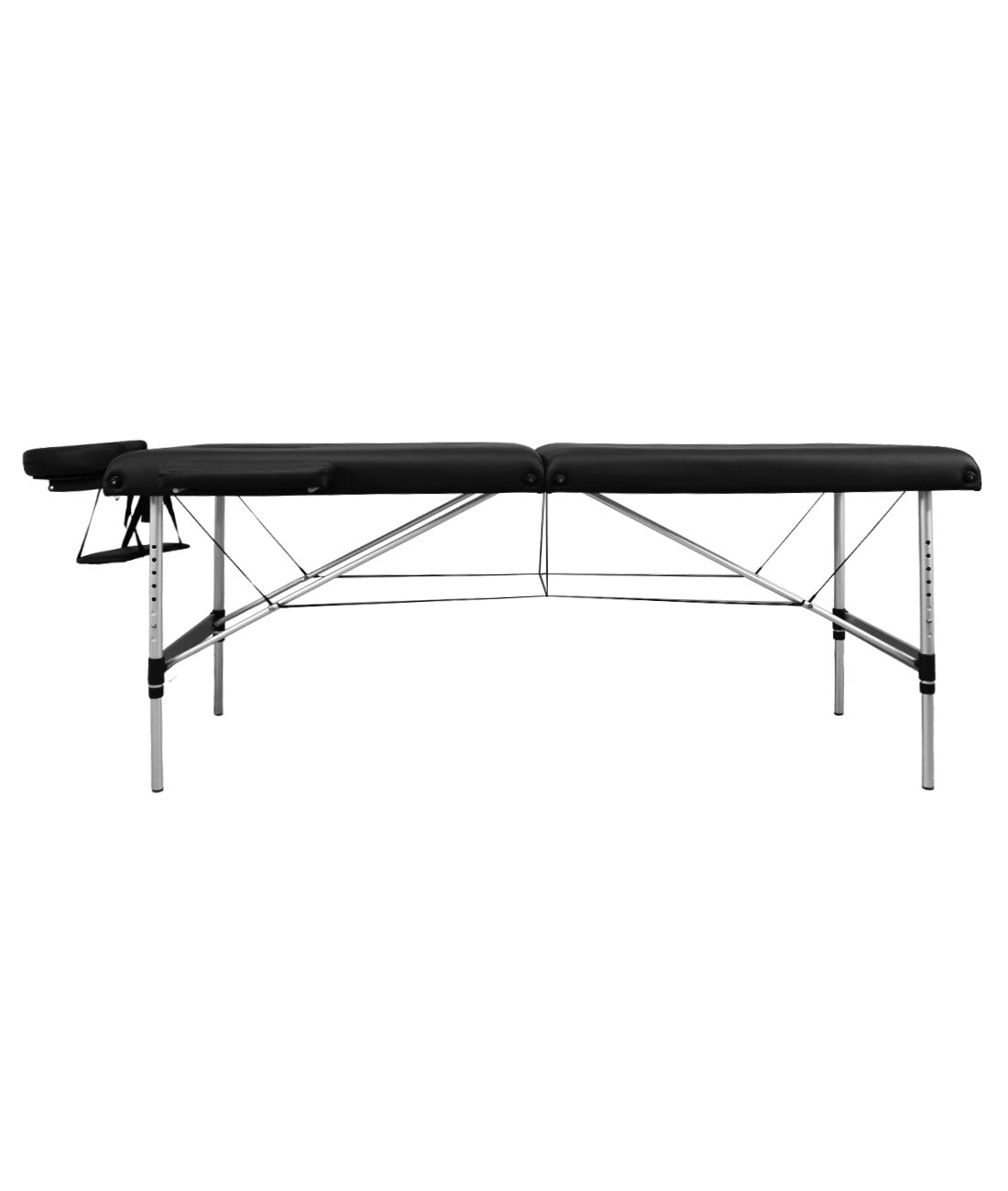 BeautéSync® 2-Fold Portable Aluminum Massage Table – 73"x28", Black PVC Leather, with Armrests, Headrest, Sling, Pillow & Carry Bag