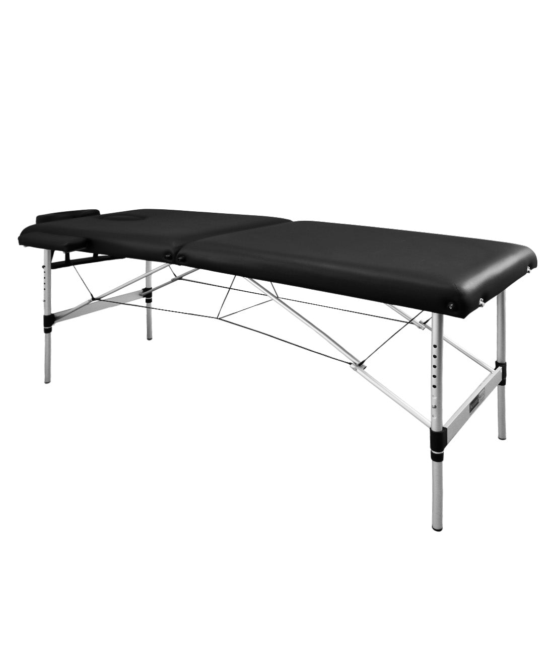 BeautéSync® 2-Fold Portable Aluminum Massage Table – 73"x28", Black PVC Leather, with Armrests, Headrest, Sling, Pillow & Carry Bag