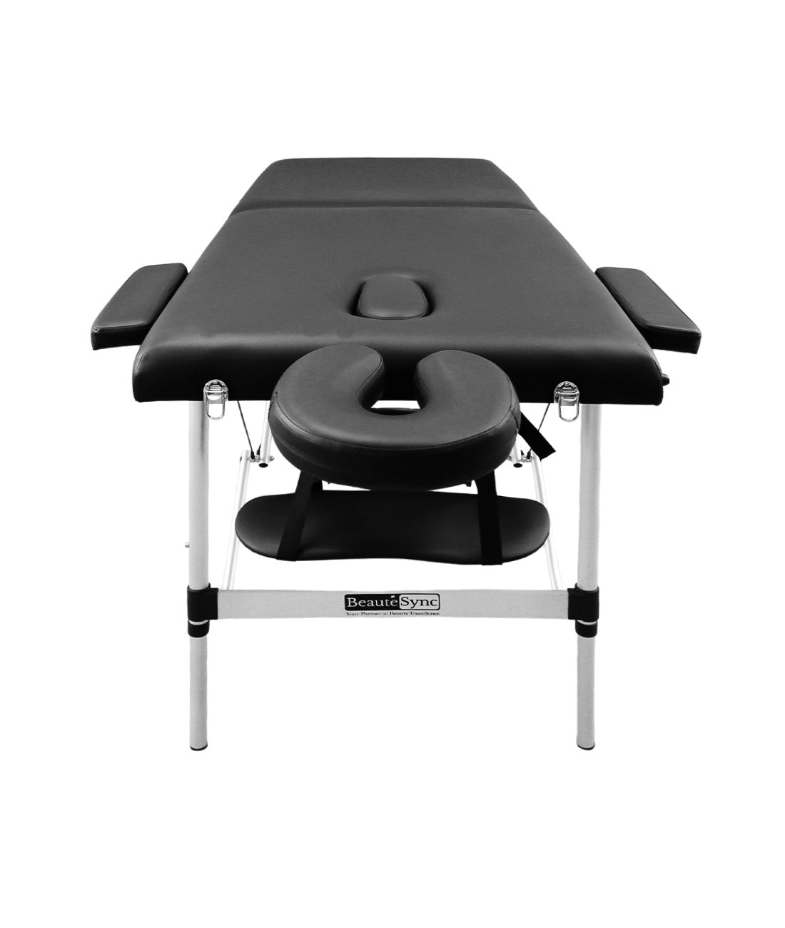 BeautéSync® 2-Fold Portable Aluminum Massage Table – 73"x28", Black PVC Leather, with Armrests, Headrest, Sling, Pillow & Carry Bag