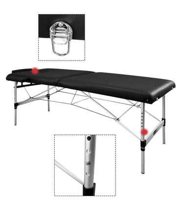 BeautéSync® 2-Fold Portable Aluminum Massage Table – 73"x28", Black PVC Leather, with Armrests, Headrest, Sling, Pillow & Carry Bag
