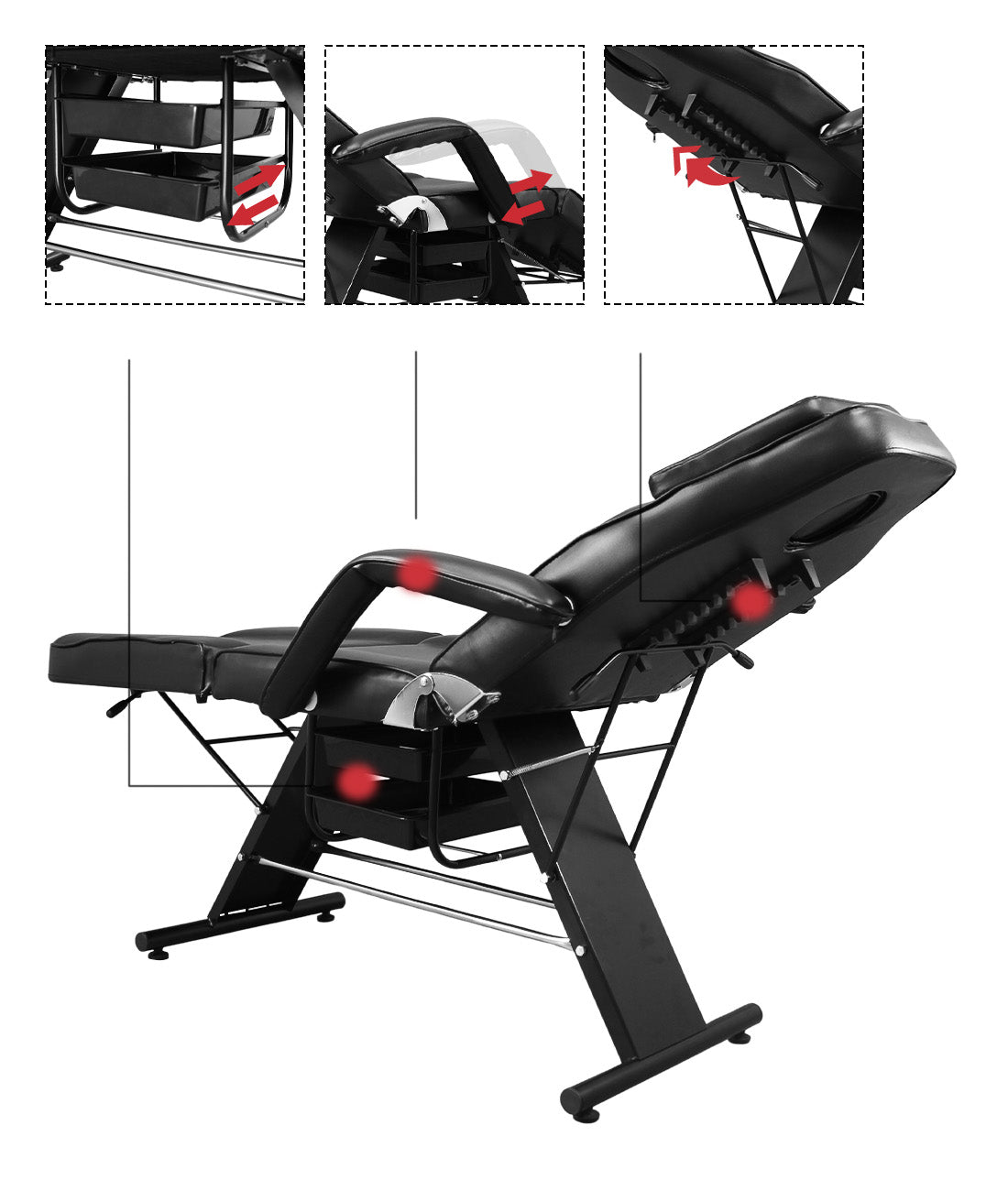 Side view of NovaSync 3-section facial bed showing adjustable backrest and legrest
