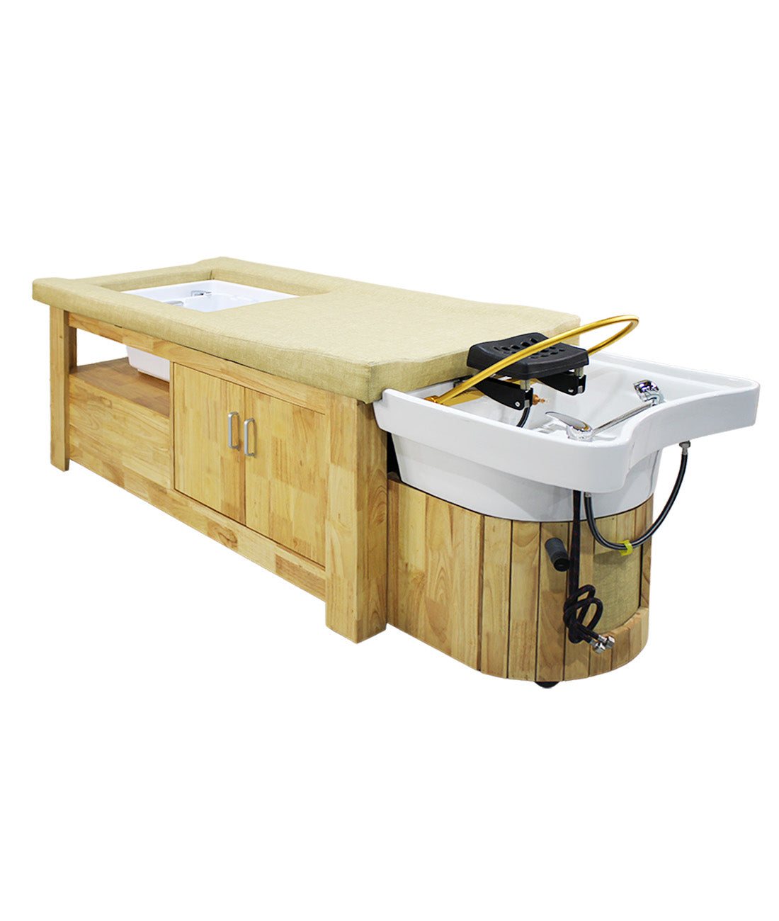 BeautéSync Professional Head Spa Shampoo Bed – Wooden Japanese Thai-Style Massage & Hair Washing Station with Steam & Foot Basin