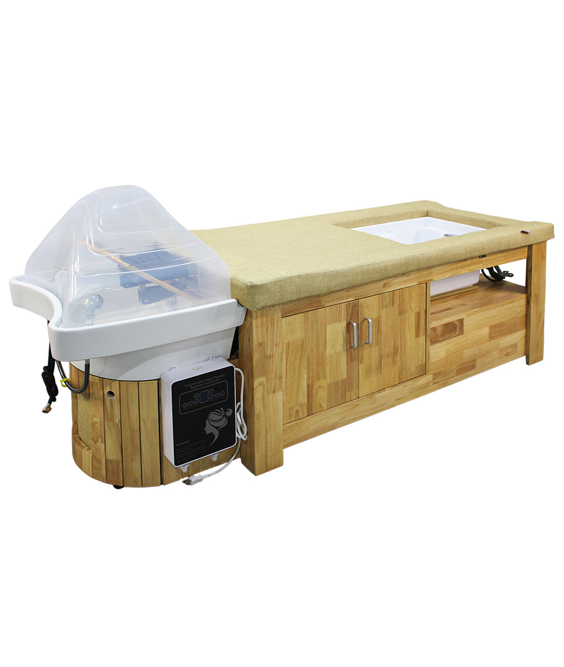 BeautéSync Professional Head Spa Shampoo Bed – Wooden Japanese Thai-Style Massage & Hair Washing Station with Steam & Foot Basin