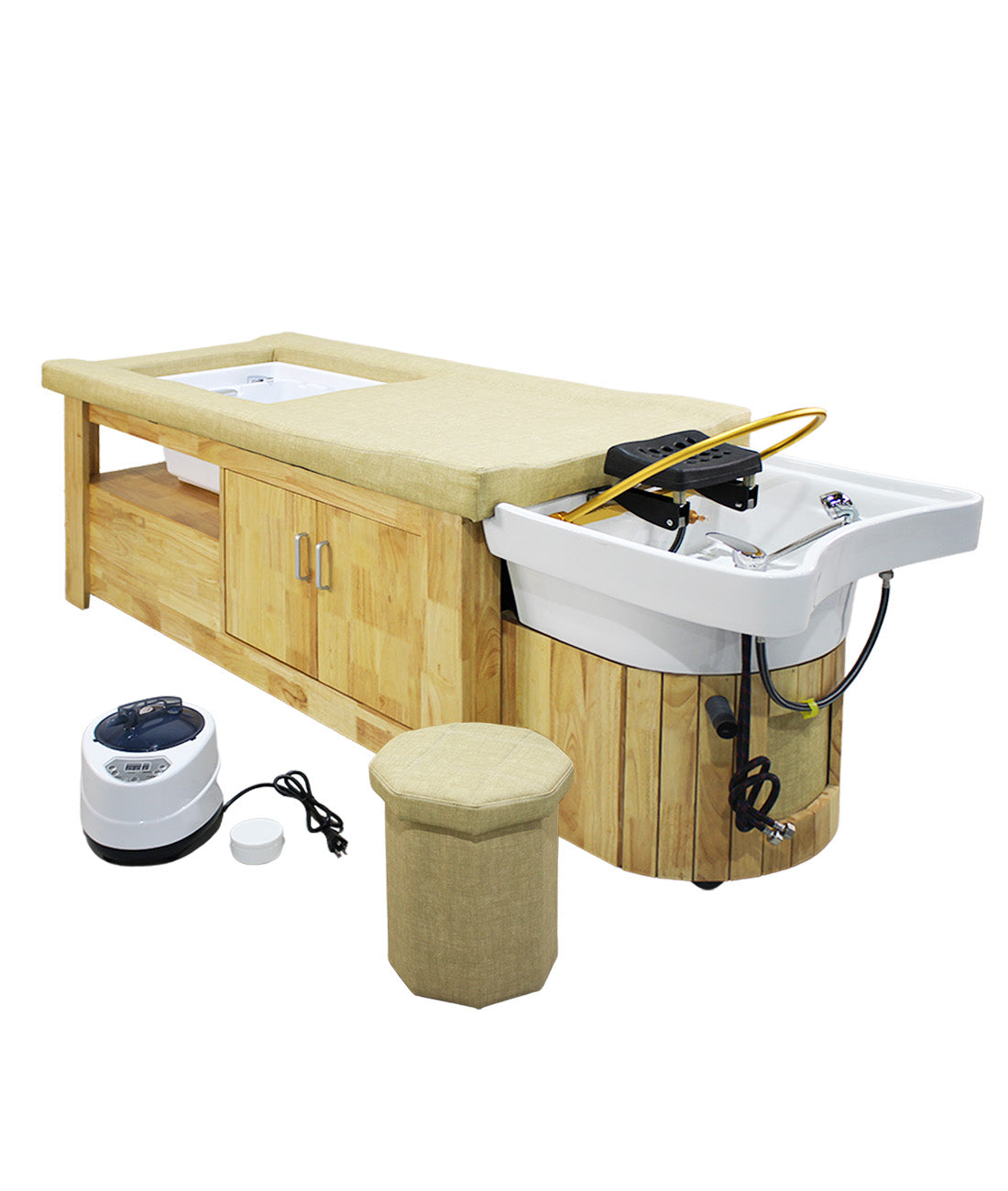 BeautéSync Professional Head Spa Shampoo Bed – Wooden Japanese Thai-Style Massage & Hair Washing Station with Steam & Foot Basin