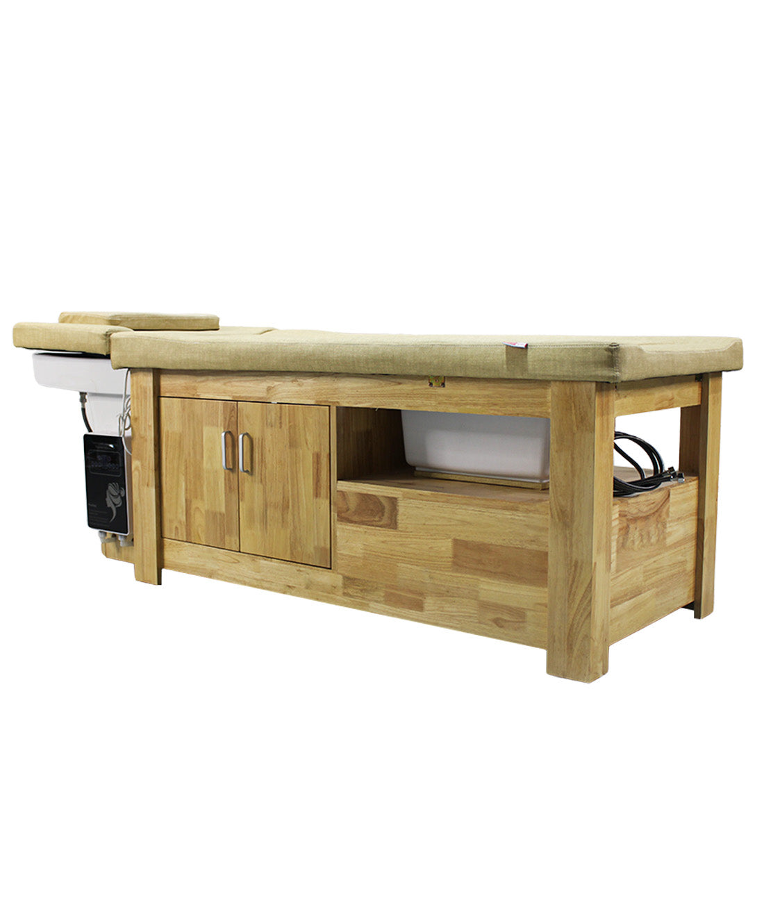 BeautéSync Professional Head Spa Shampoo Bed – Wooden Japanese Thai-Style Massage & Hair Washing Station with Steam & Foot Basin