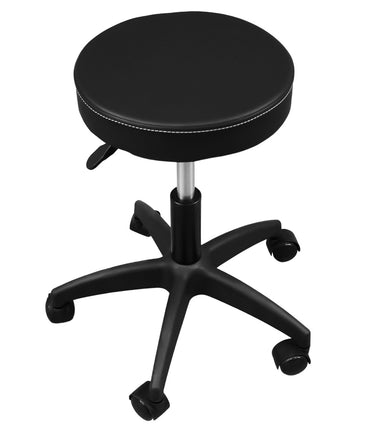 BeautéSync® Hydraulic Rolling Stool, Adjustable Height, 360° Swivel for Spa, Salon, Tattoo, Medical Use (Black  Leather + Black Injection-Molded Base)