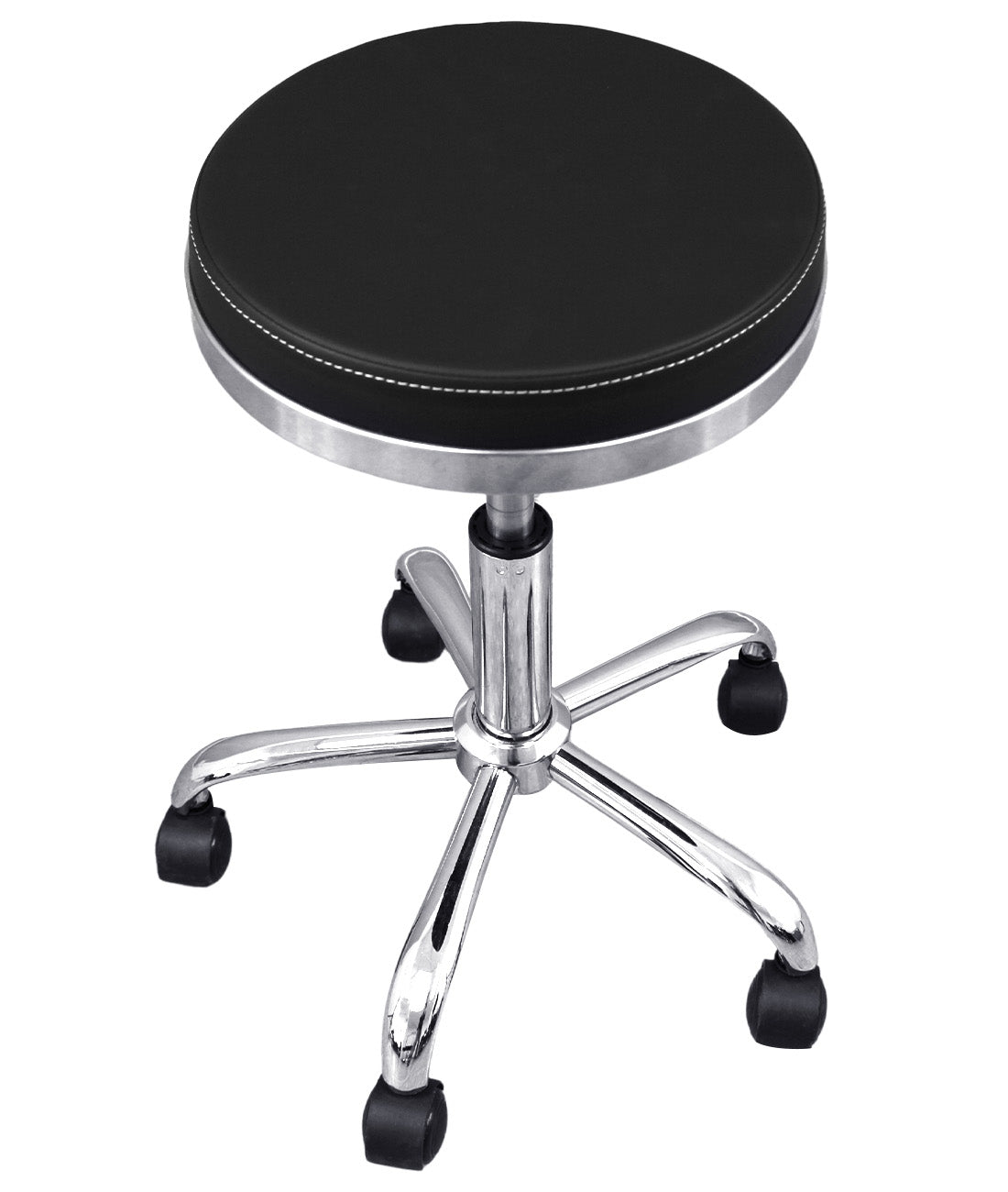BeautéSync® Hydraulic Rolling Stool, Adjustable Height, 360° Swivel for Spa, Facial, Massage, Tattoo (Black Leather + Silver Steel Base)