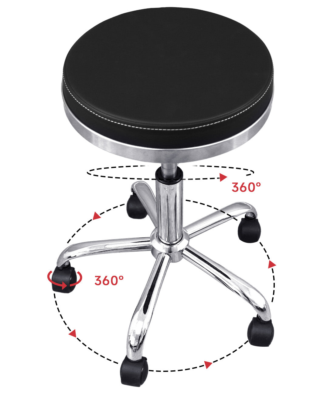 BeautéSync® Hydraulic Rolling Stool, Adjustable Height, 360° Swivel for Spa, Facial, Massage, Tattoo (Black Leather + Silver Steel Base)