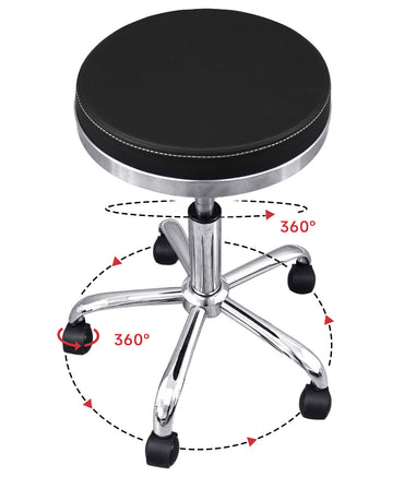 BeautéSync®  Hydraulic Rolling Stool, Adjustable Height, 360° Swivel for Spa, Facial, Massage, Tattoo (Black Leather + Silver Steel Base)