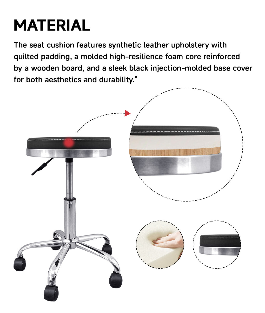 BeautéSync® Hydraulic Rolling Stool, Adjustable Height, 360° Swivel for Spa, Facial, Massage, Tattoo (Black Leather + Silver Steel Base)