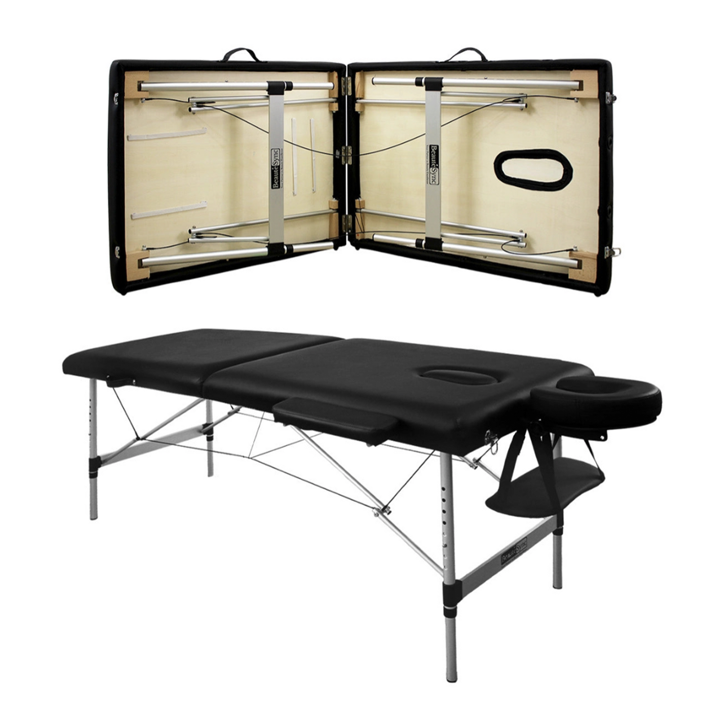BeautéSync® 2-Fold Portable Aluminum Massage Table – 73"x28", Black PVC Leather, with Armrests, Headrest, Sling, Pillow & Carry Bag