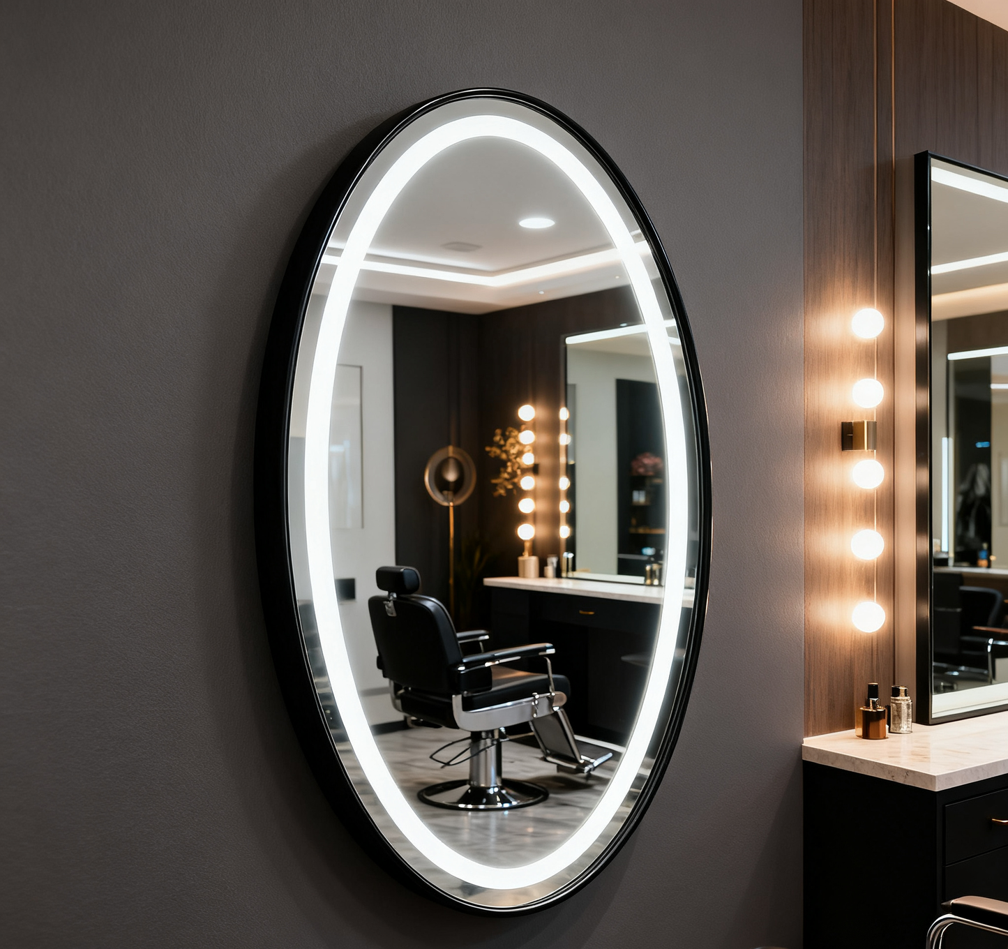 BeautéSync® Hair Salon Mirror, Oval Shape with LED Backlit Strip, aluminum alloy frame