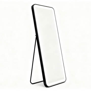 BeautéSync® Freestanding Rectangle Front-Lit LED Salon Mirror side view, slim vertical frame with freestanding base and LED lighting