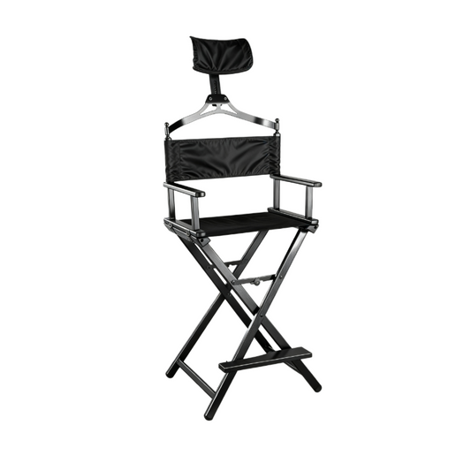 BeautéSync® Professional Makeup Artist Director Lightweight Portable Foldable Aluminum Chair front view with padded seat, aluminum frame, and side tray