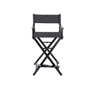 BeautéSync® Professional Makeup Artist Director Lightweight Portable Foldable Aluminum Chair front view with padded seat, aluminum frame, and side tray