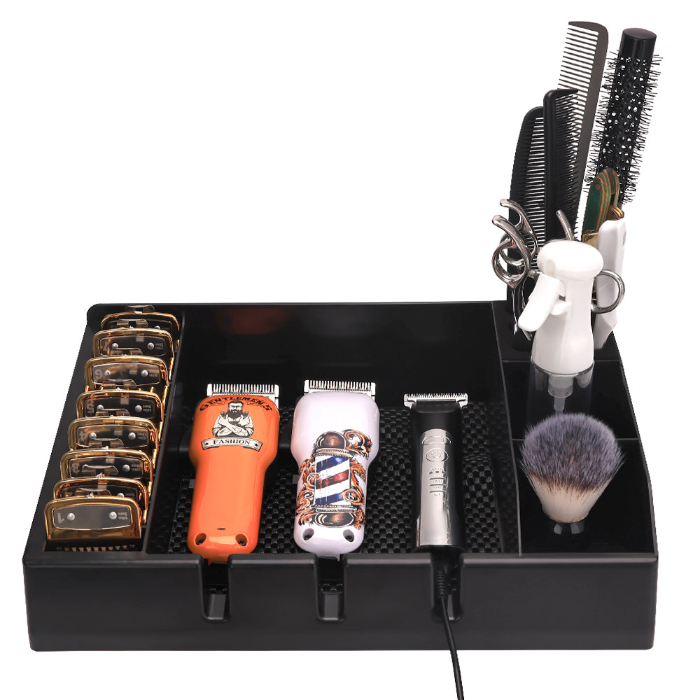 barber tool tray filled with equipment