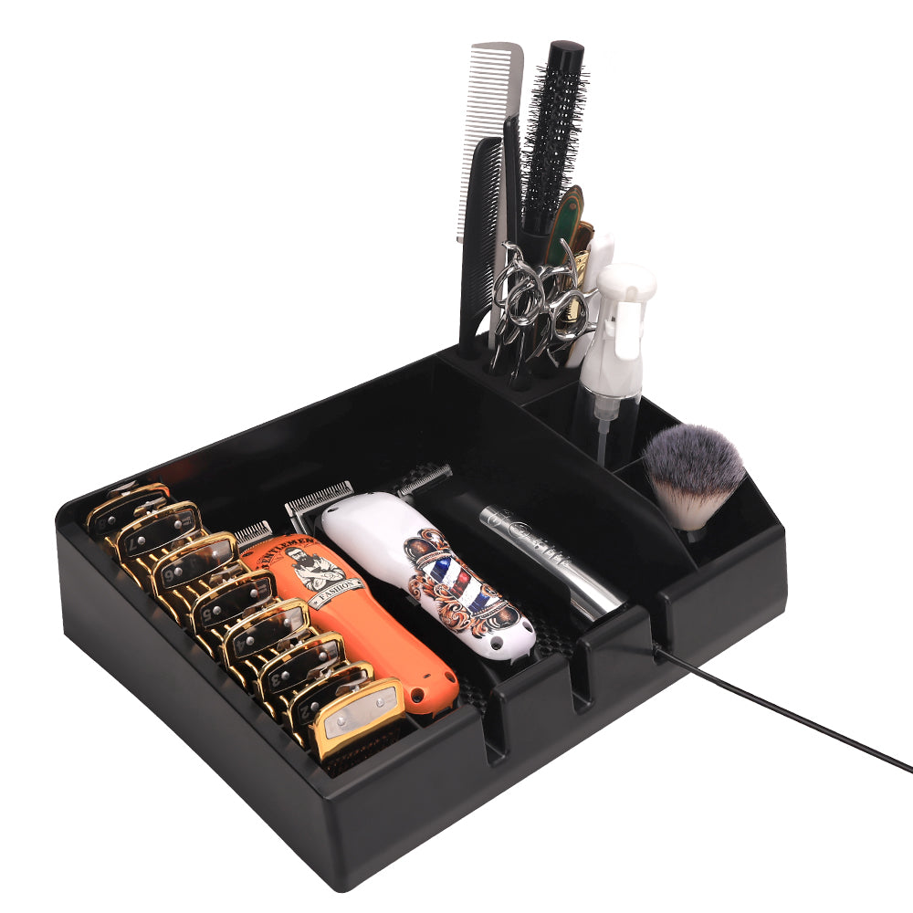 barber tool tray filled with equipment side view