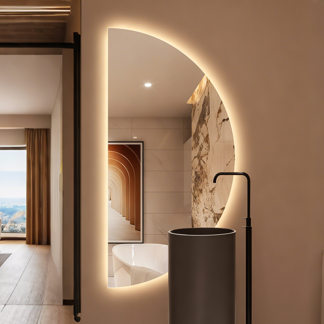 BeautéSync® Half Moon LED Wall Mirror – Multi-Position Mount, 110V