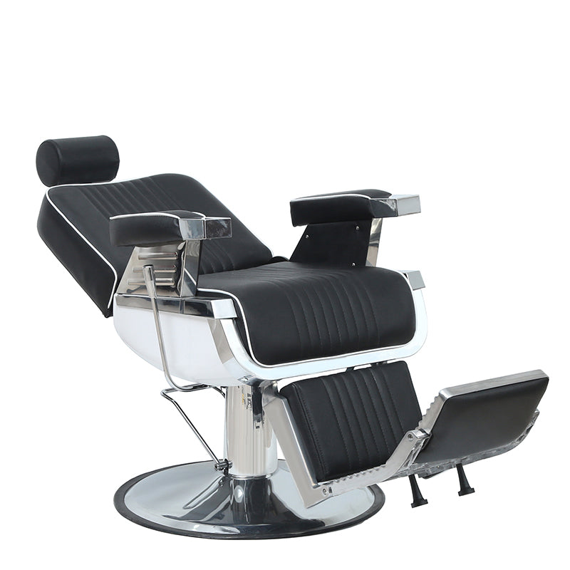 black and white barber chair fully reclined right