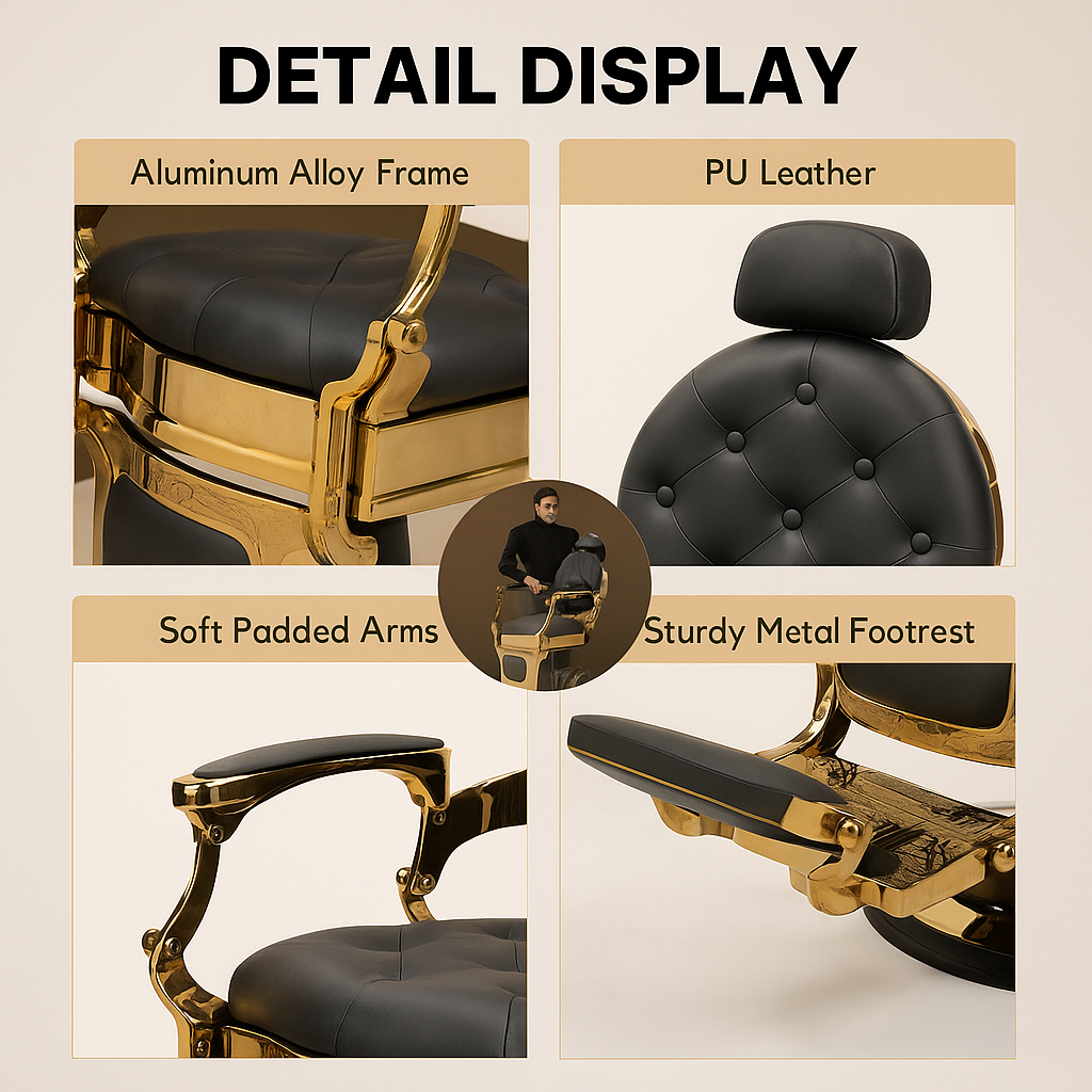 BeautéSync® Heavy-Duty Hydraulic Barber Chair with XL Pump – Black PVC &Gold Frame