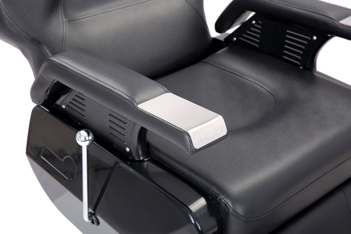 black premium barber chair armrest closeup