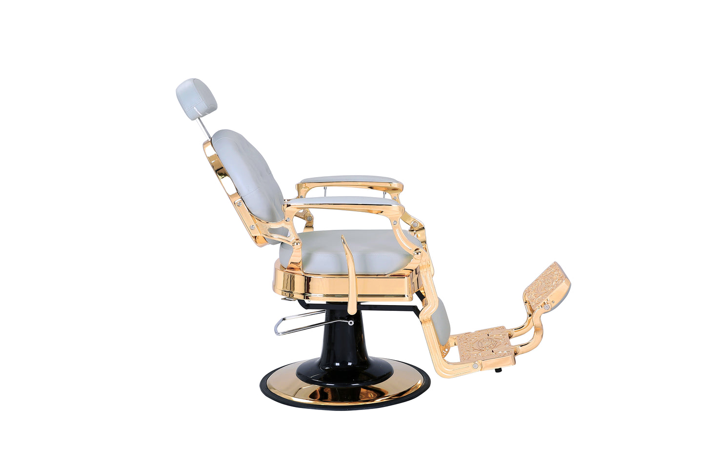 grey and gold barber chair right slightly reclined
