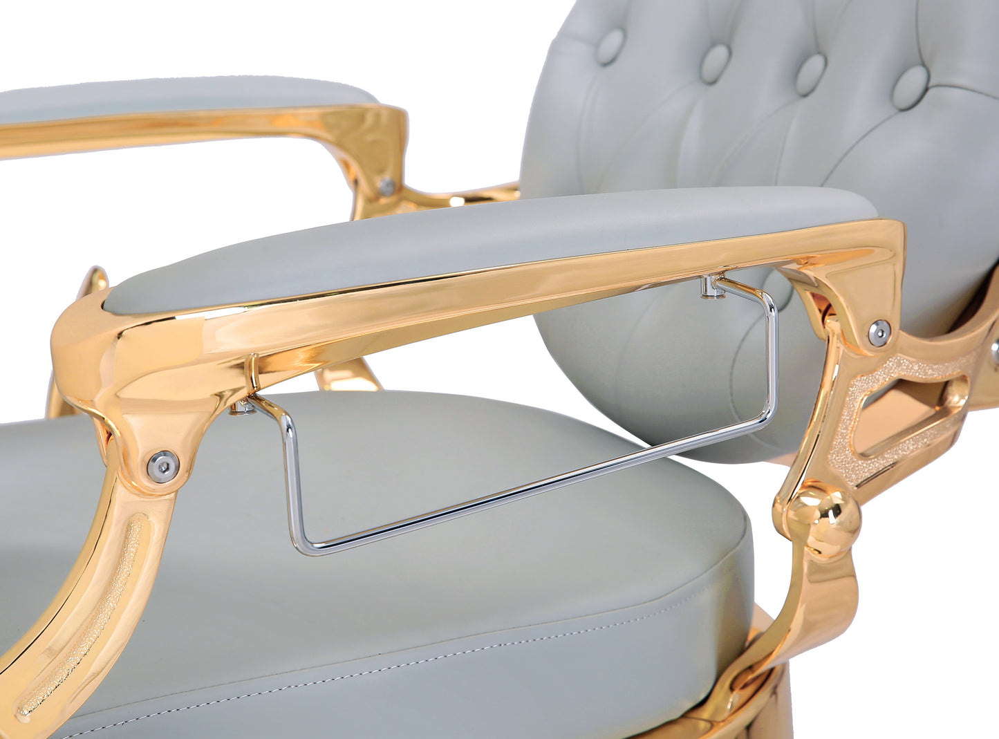 grey and gold barber chair left armrest