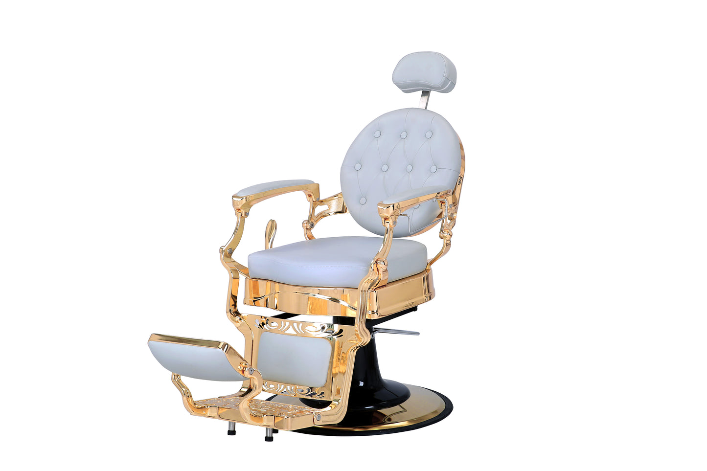 grey and gold barber chair 3/4 left slightly reclined