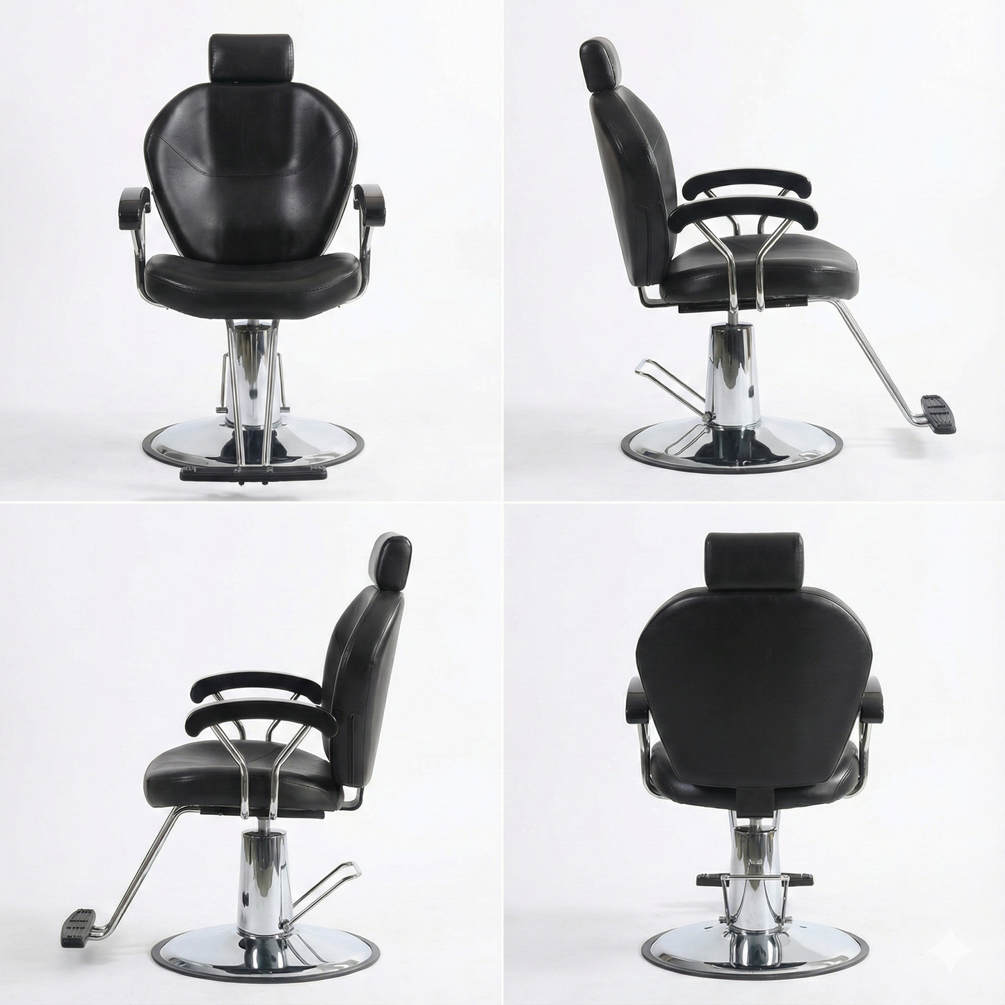 BeautéSync™ Hydraulic Styling Chair – 360° Swivel, Large Pump, Black PVC & Silver Frame (Matching Silver Base)