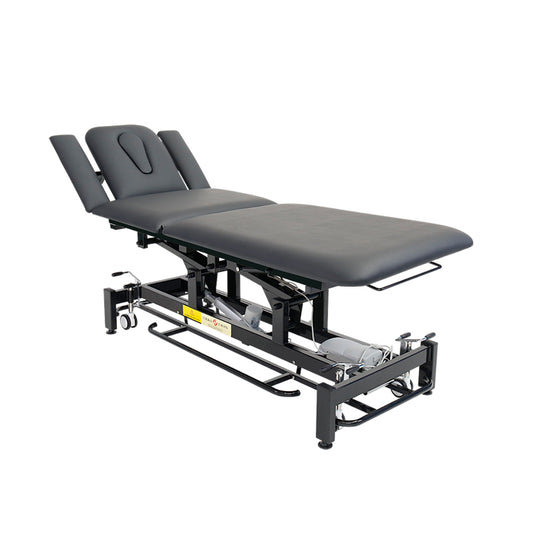 Electric spa bed with adjustable backrest, leg-rest, and wide cushion. Center view.