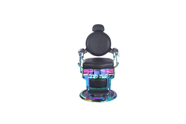 Professional barber chair with 360° swivel and adjustable recline. Front view.