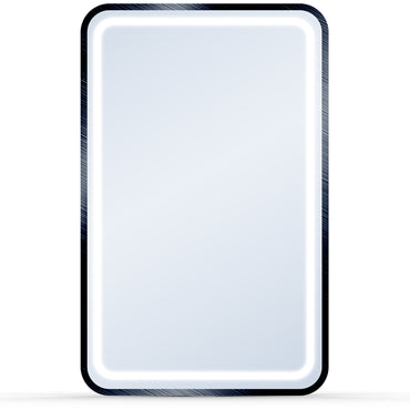 black salon mirror with built-in lighting and touch control