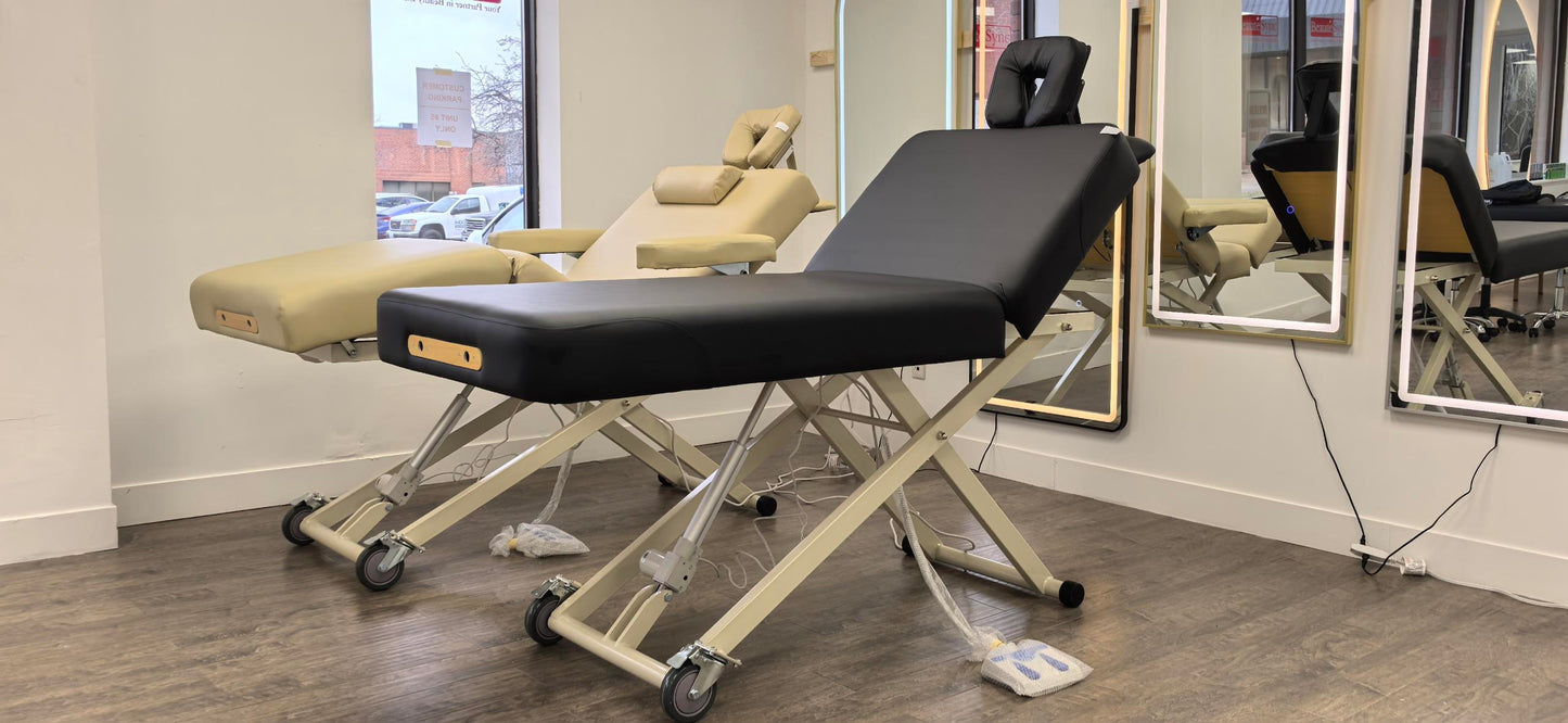 BeautéSync® Premium Professional One-Motor Two-Section Electric Beauty & Massage & Facial & Spa Treatment Bed (Black/Beige)