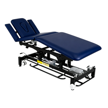 BeautéSync® Electric Aesthetic Bed fully unfolded three-section view – cushioned surface with adjustable backrest and leg sections, center angle display for spa, facial and lash treatments