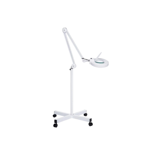 BeautéSync® LED Magnifying Lamp Rolling Base Stand front view with 5x magnifier and dual lighting options