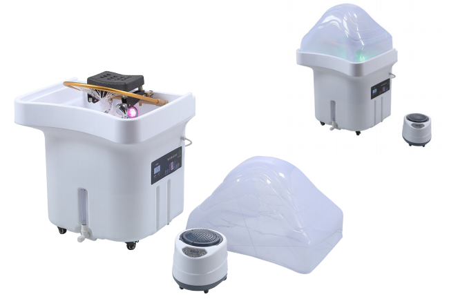 BeautéSync® Mobile Head Spa Capsule flat lay – complete portable head spa unit with steam hood, water circulation pump, and accessories displayed from top view